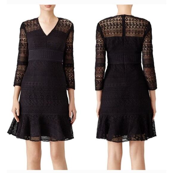 Shoshanna Dresses & Skirts - Shoshanna Aviva Dress Sheer Lace 3/4 Sleeve Flounce Hem Mini Cocktail Black 8